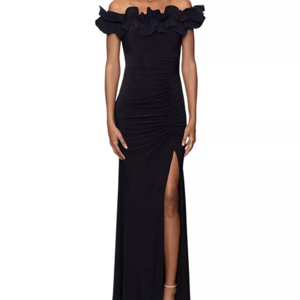Xscape Black Ruffle Off the Shoulder Scuba Crepe Gown